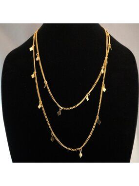 Gold-Tone Extra Long Vintage Necklace With Dangling Diamond-Shapes 53 Inches